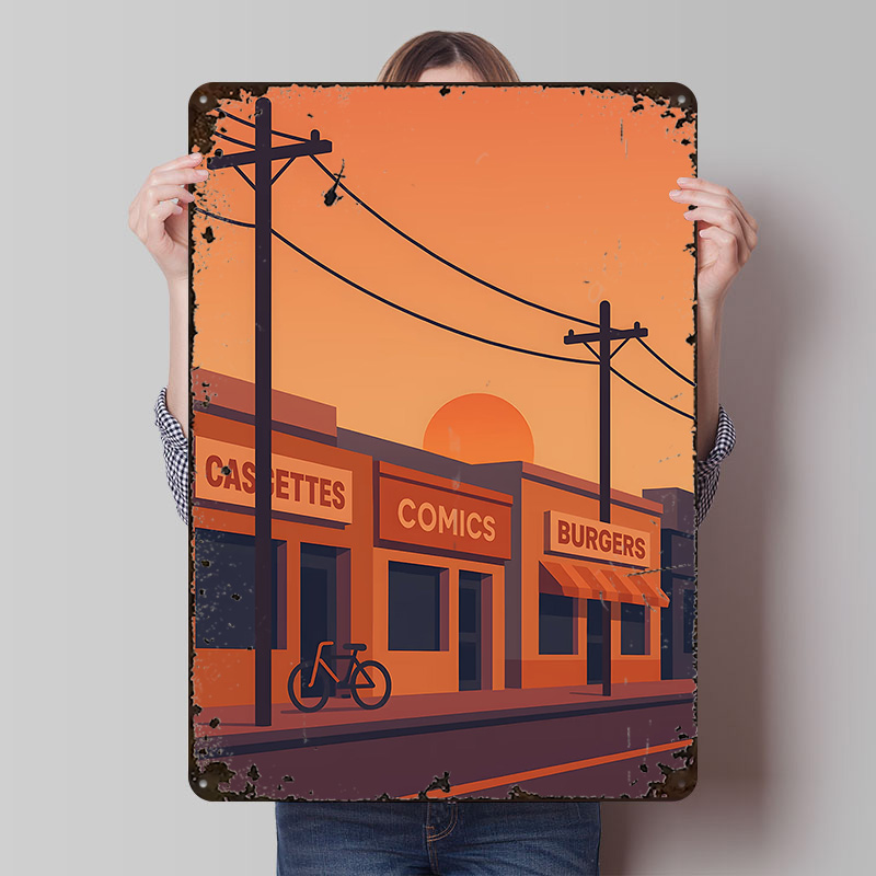 Retro Gaming Shops - Sunset Street met winkels en fietsen