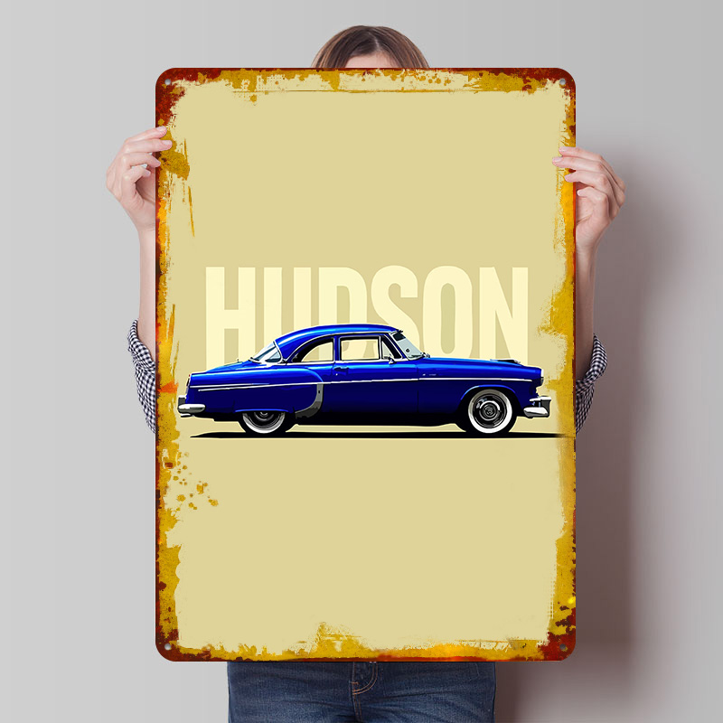 Retro Gaming At - Blauwe Hudson Klassieke Auto Tinplate Poster